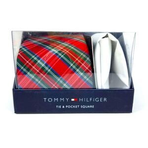 Tommy Hilfiger Red and Green Tartan Plaid Tie & Pocket Square Set